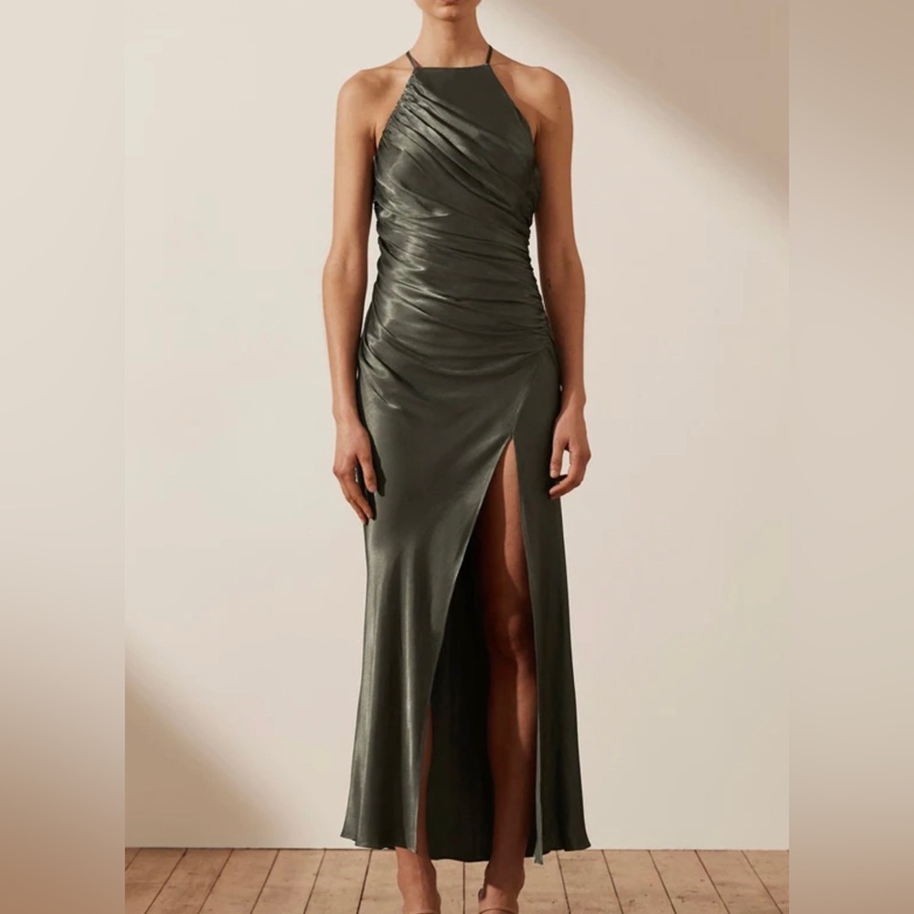 Shona Joy La Lune Gathered Square Neck Bias Midi Dress - Olive - NWT